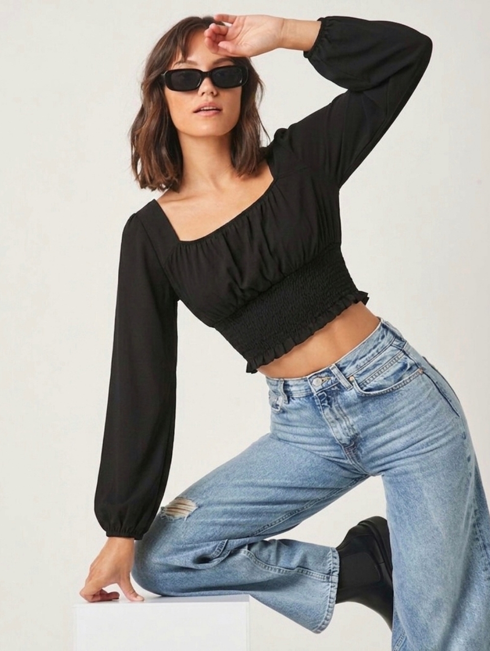 ROMWE Black Smocked Long Sleeve Crop Top - Size L
